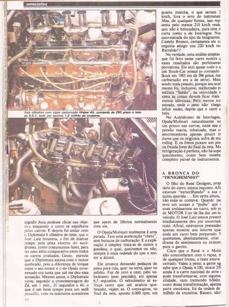 Recorte de jornal do Marcos Denigres sobre seu Opala 350HP`para matéria do Louca por Opalas